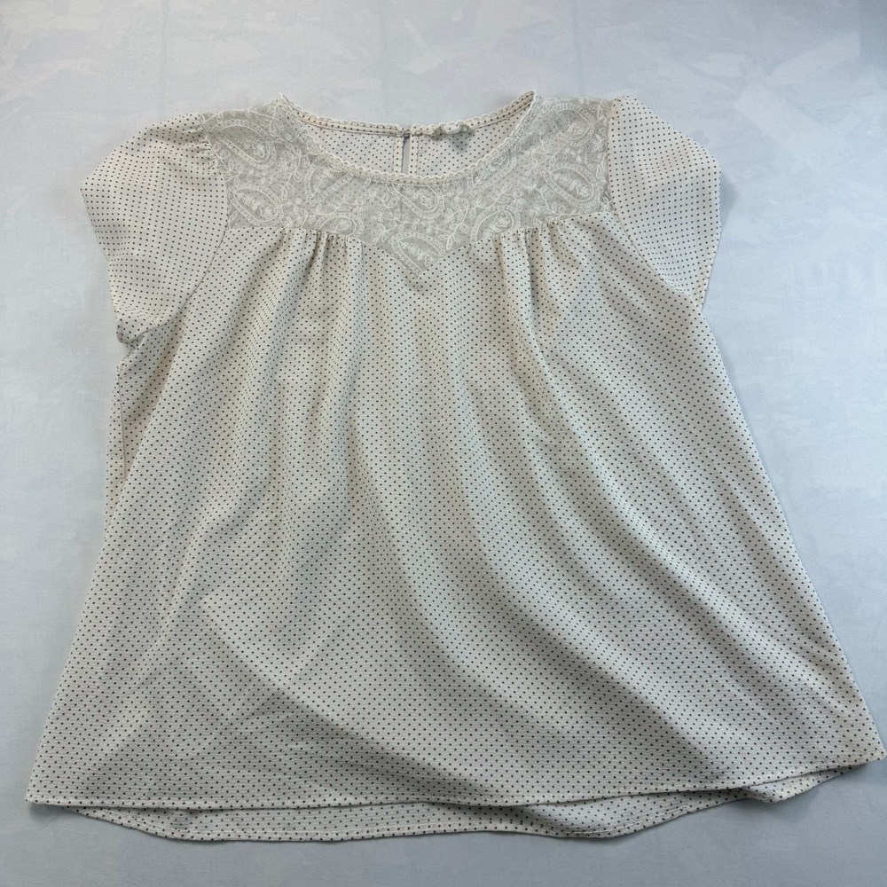 Perch by Blu Pepper Blouse Womens 2XL Cream Polka Dot Lace Detail Short Sleeve